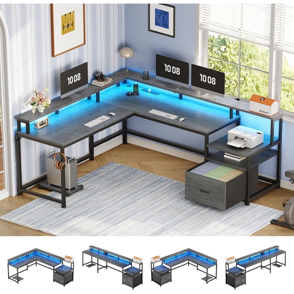 Reversible Office Desk with LED Lights & Charging Station, L-Shaped Computer Desk with Monitor Stand for Bedroom, Dark Gray