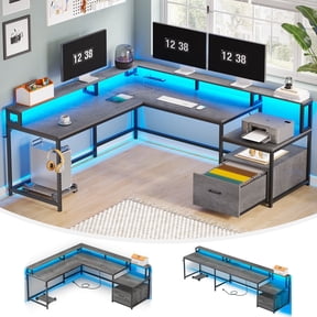 Reversible Office Desk with LED Lights & Charging Station, L-Shaped Computer Desk with Monitor Stand for Bedroom, Dark Gray