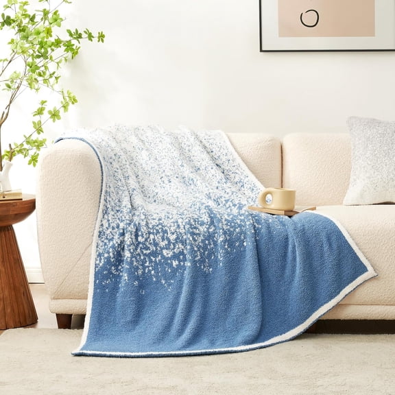 Reversible Ombre Blue Twin Size Plush Blanket - Super Soft Knit Throw, 60x80 Inches