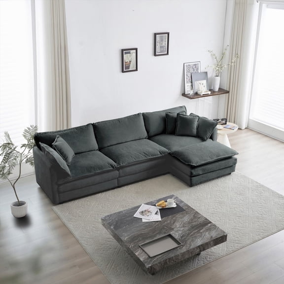 Modern Gray Chenille Oversized L-Shaped Sectional Sofa with Reversible Ottoman (220×80×75cm)