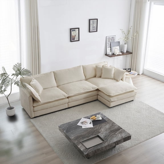Modern Beige Chenille Oversized L-Shaped Sectional Sofa with Reversible Ottoman (220×80×75cm)