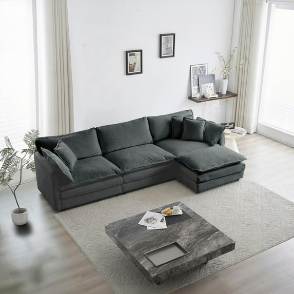 Comfy Oversized L Shaped Sectional Sofa with Reversible Ottoman in Gray Chenille for Living Room