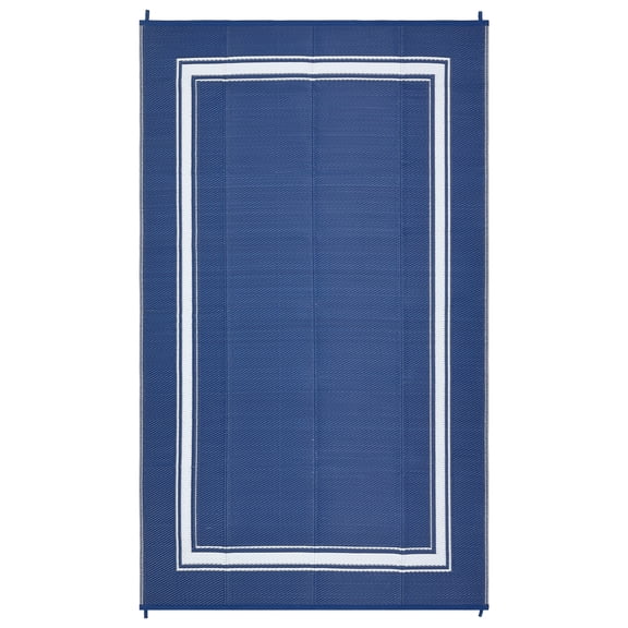 Reversible Outdoor Area Rug, 9x12ft – Waterproof, UV & Weather Resistant, Modern Bordered Patio Carpet, Easy Clean Collapsible Mat with Bag & Stakes, Navy & White, USA (274x360cm)