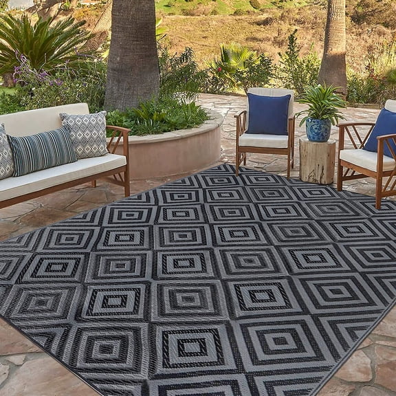 Reversible Outdoor Area Rug for Patio Deck Backyard Camping Beach RV Trailer Diamond Black and Grey 9 Feet by 12 Feet