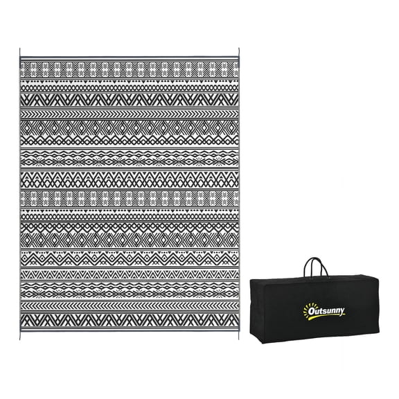 , Reversible Outdoor Rug, 8' x 10' Waterproof Plastic Straw Floor Mat, Portable RV Camping Carpet with Carry Bag, Large Floor Mat for Backyard, Deck, Picnic, Beach, Gray & Cream White Boho,