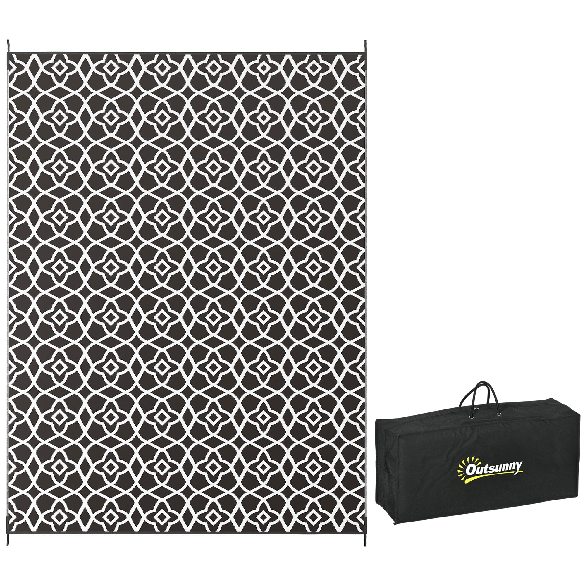 , Reversible Outdoor Rug, 9' x 12' Waterproof Plastic Straw Floor Mat, Portable RV Camping Carpet with Carry Bag, Large Floor Mat for Backyard, Deck, Picnic, Beach, Black & White Clover,