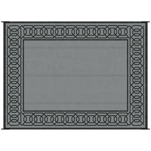 Reversible Outdoor Rug 9' x 12' Waterproof Plastic Straw Mat Portable RV Camping Carpet Large Floor Mat for Backyard Deck Picnic Beach Black & Gray Border