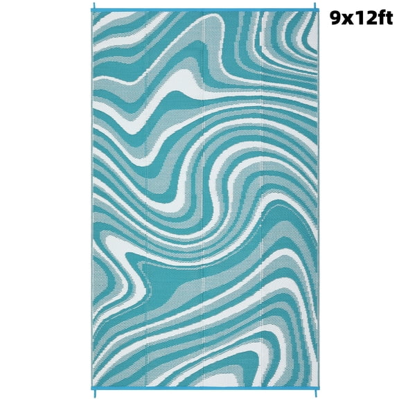 Reversible Outdoor Rug, 9x12ft Waterproof Plastic Straw Patio Carpet with Non Slip Rubber Backing, UV Resistant Lightweight Camping Floor Mat for RV, Deck, Backyard and Outdoor Spaces - Blue