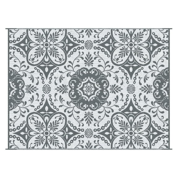 Reversible Outdoor Rug Carpet, 9' x 12' Waterproof Plastic Straw Rug, Portable RV Camping Rugs with Carry Bag, Large Floor Mat for Backyard, Deck, Picnic, Beach, Gray & White Floral