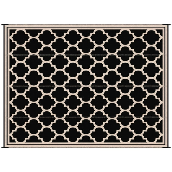 Reversible Outdoor Rug Carpet, 9' x 18' Waterproof Plastic Straw Rug, Portable RV Camping Rugs with Carry Bag, Large Floor Mat for Backyard, Deck, Picnic, Beach, Black & Beige
