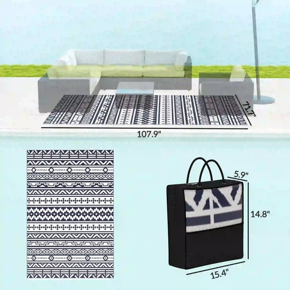 Reversible Outdoor Rug, Foldable Polypropylene Camping Picnic RV Mat with Carry Bag, Fade & Sun Resistant with Anti-Fray Edging