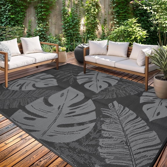 Reversible Outdoor Rug Waterproof Plastic Straw Patio Mat Palm Leaf Design UV Resistant – Multiple Sizes