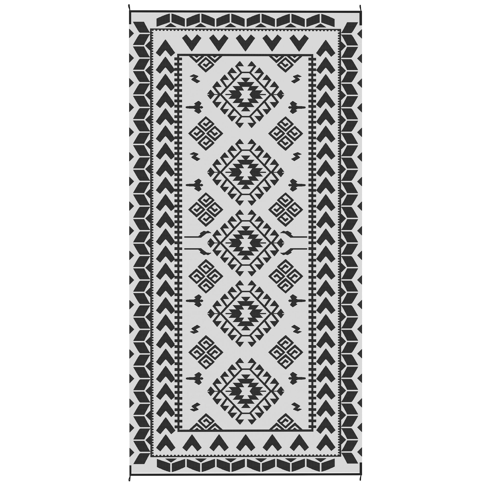 Reversible Outdoor Rug, Waterproof Plastic Straw with Carry Bag, 9' x 18', Black & White Rhombus Patchwork
