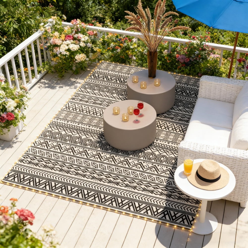 Reversible Outdoor Rug with 37.5' USB String Lights, Bohemian ...
