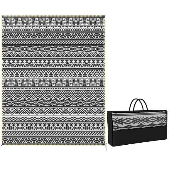Reversible Outdoor Rug with LED String Lights 10' x 8', Waterproof Plastic Straw Patio Mat with Carry Bag & Stakes, Black And White Bohemian