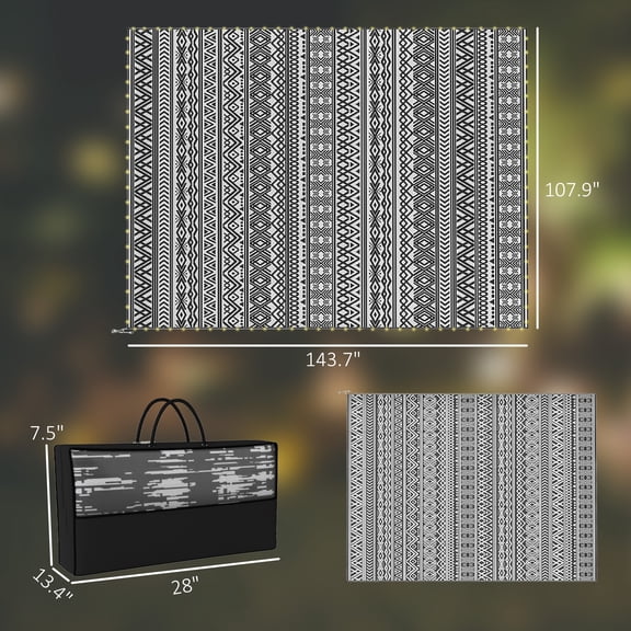Reversible Outdoor Rug with LED String Lights 12' x 9', Waterproof Plastic Straw Patio Mat with Carry Bag & Stakes, Black And White Bohemian