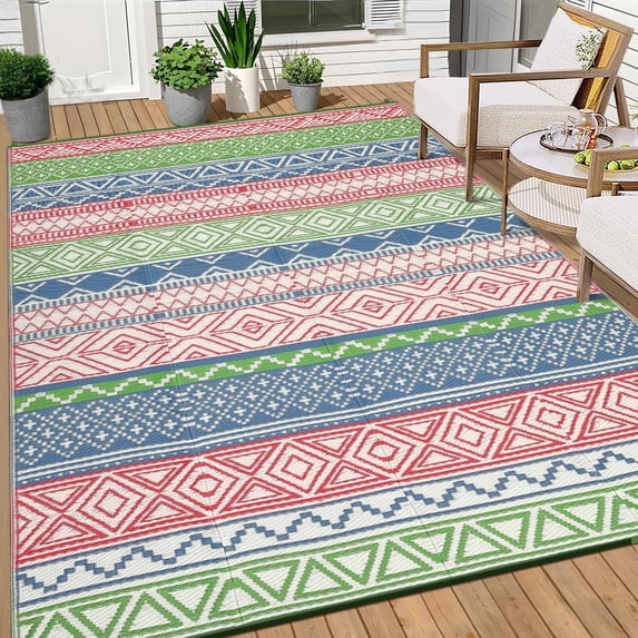 Reversible Outdoor Rugs 5x8 for Patios Clearance, Waterproof Mats for Porch, Deck, Plastic Straw Area Rugs for Backyard, Balcony,Red/Green/Blue