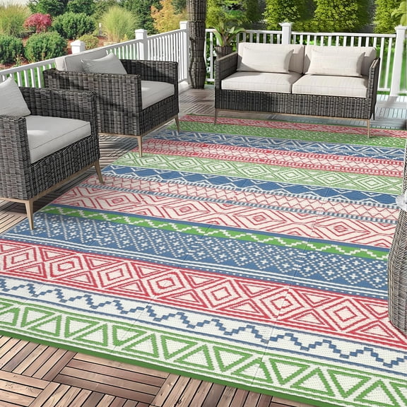 Reversible Outdoor Rugs 8x10 Waterproof for Patios Clearance, Plastic Straw Mats for Backyard, Porch, Deck, Balcony,Red/Green/Blue