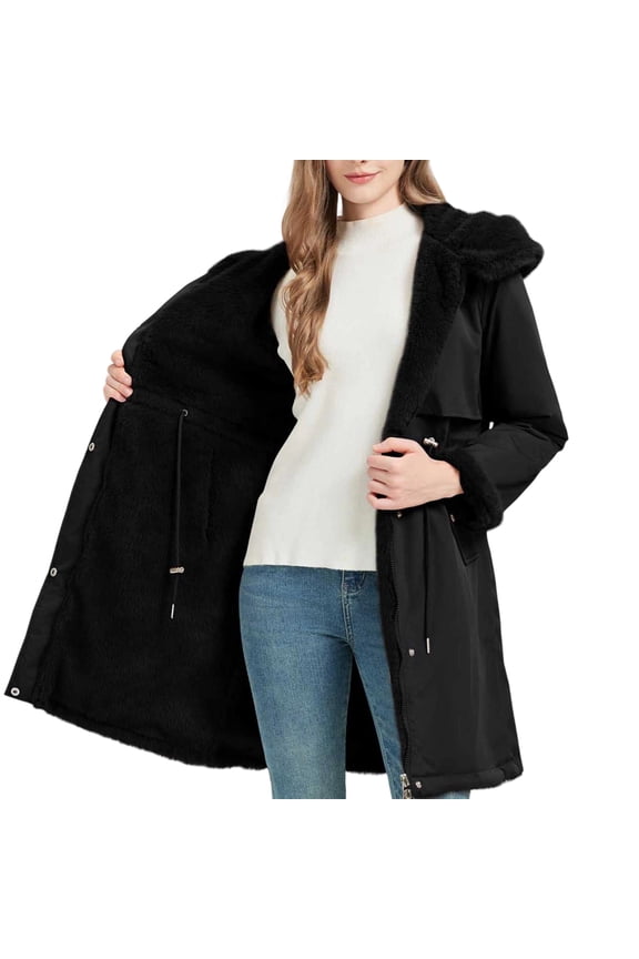 Reversible Parka Jacket for Women Warm Fleece Lined Coat Hoodie Winter Clothing with Adjustable Waist Black 2XL