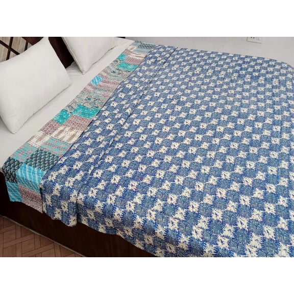Reversible Patchwork Floral Reversible Kantha Bedding Floral Print Kantha Throw Queen Quilt Cotton Light Weight Winter Summer bedding