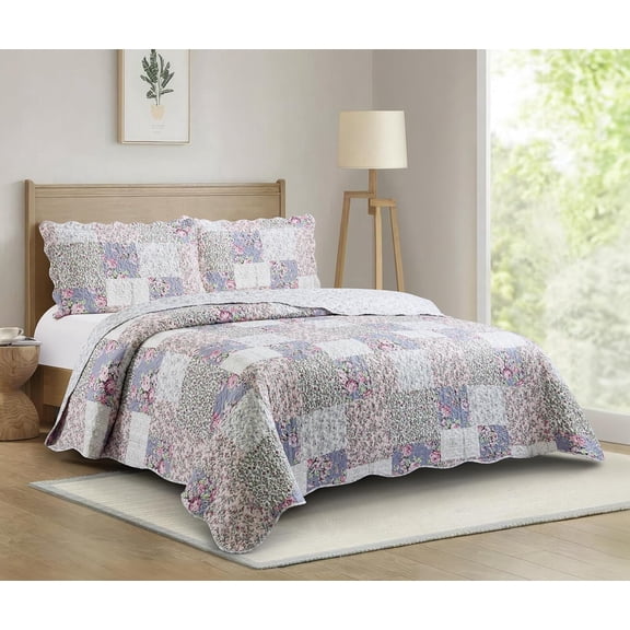 Reversible Patchwork Quilt Set, 3-Piece Lightweight Bedspread, Traditional Floral Design, Washable All-Season Coverlet, Full/Queen Size in Pink and Green