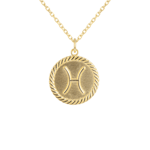 Reversible Pisces Zodiac Sign Charm Coin Pendant Necklace in Solid Gold (16 Inches)