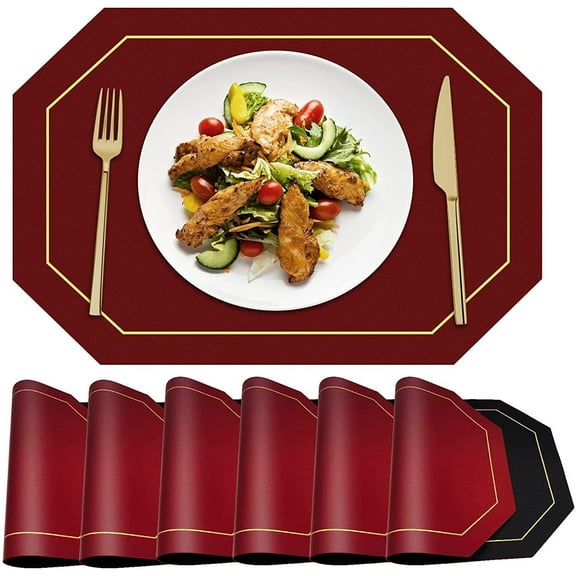 Reversible Placemats Set of 6 ANUNU Faux Leather Heat Resistant Placemats Washable Table Mats Waterproof Wipeable Placemats for Table Wedding Coffee Shop Decoration ( Red & Black)