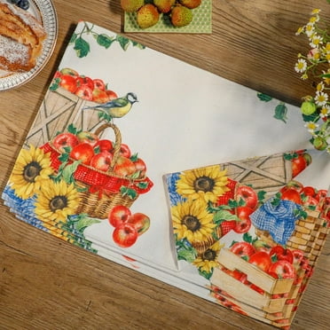 Reversible Placemats Set of 4 Washable, Kitchen Table Mats Cloth Heat Resistant Place Mats Cotton Table Placemats Farmhouse,Fruit Red Apple