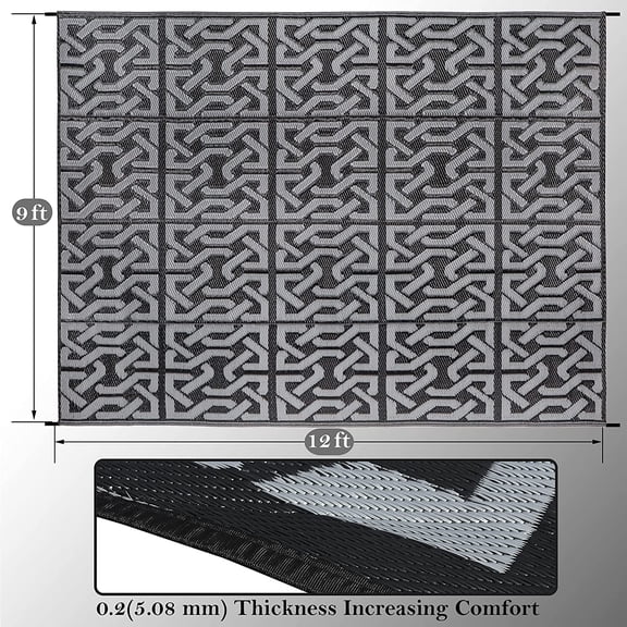 Reversible Plastic Straw Rug, Large Outdoor Floor Mat for , Beach, Camping, Picnic - 9x12 ft Black