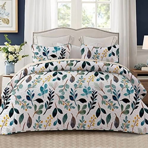 Reversible Printed Quilt King Size, Extra Soft Boho Floral Leaf Bedspreads for Bed Lightweight King Quilt Bedding Set Coverlets with 2 Pillow Shams for All Seasons, White Green