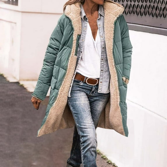 Reversible Puffer Jacket for Womens Fuzzy Fleece Lined Zip Up Thicken Hooded Parka Coat with Pocket Sherpa Warm Solid Long Quilted Jacket Winter Thermal Padded Coats 2025