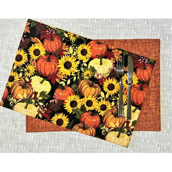 Reversible Pumpkin Harvest Table Placemats Autumn-Fall Leaves Sunflowers Double Sided Dining Accent Set of 6 Colorful Harvest Metallic