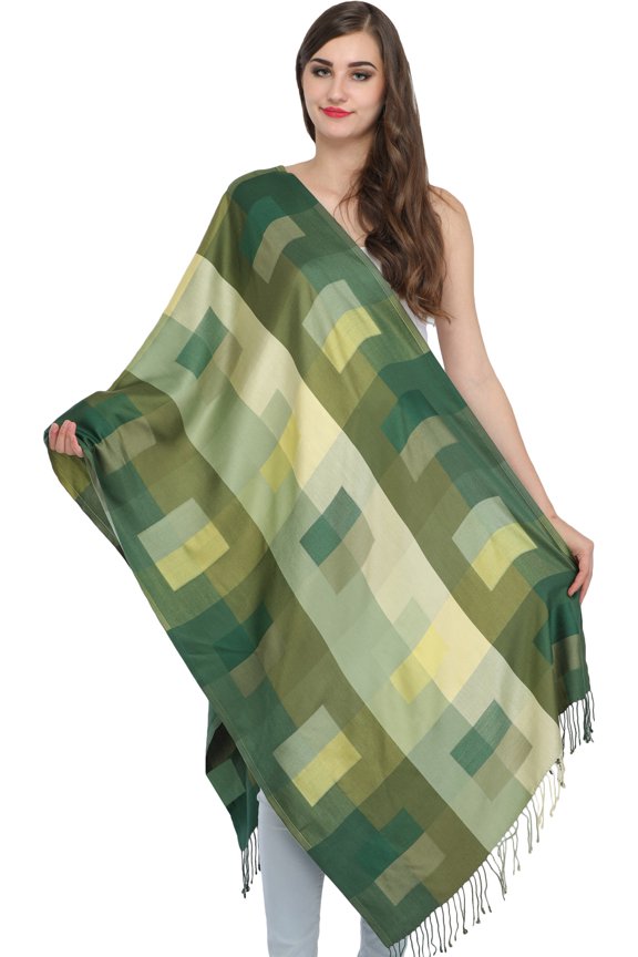 Reversible Pure Silk Stole with Woven Checks – olivine