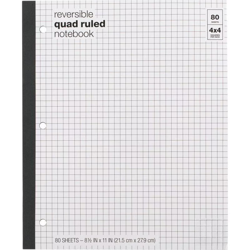 Reversible Quad Ruled Composition Notebook 8.5" x 11" 80 Sheets - ub&ub: Graphing Grid, Perforated, 3 Hole Punched