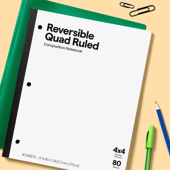 Reversible Quad Ruled Composition Notebook, 8.5"x11", 80 Sheets, 3 Hole Punched