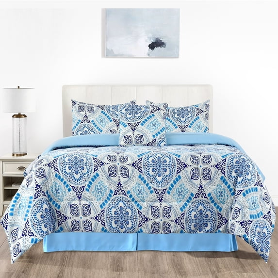 Reversible Queen Comforter Set, 5 Piece Microfiber Down Alternative Comforter Queen Size (Aztec Sky)