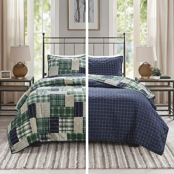 Reversible Quilt Cabin Lifestyle Plaid Design - All Season, Breathable Coverlet Bedspread Bedding Set, Matching Shams, Full/Queen(90"x90"), Green/Navy 3 Piece