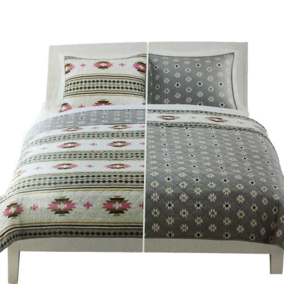 Reversible Quilt & Sham Set Aztec Geometric Quilted Twin Bed Cover 2 Pc