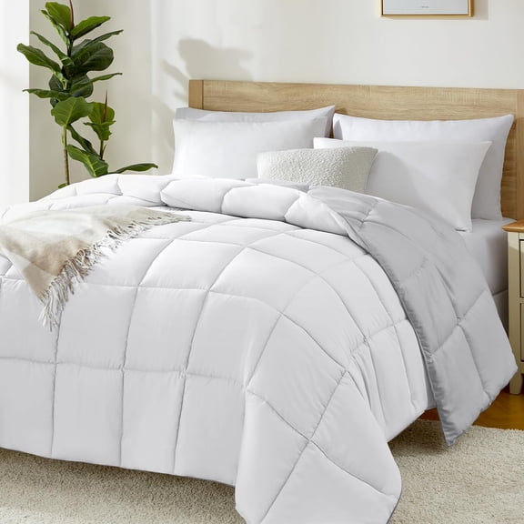 Reversible Quilted Comforter Full Queen Size White and Light Gray