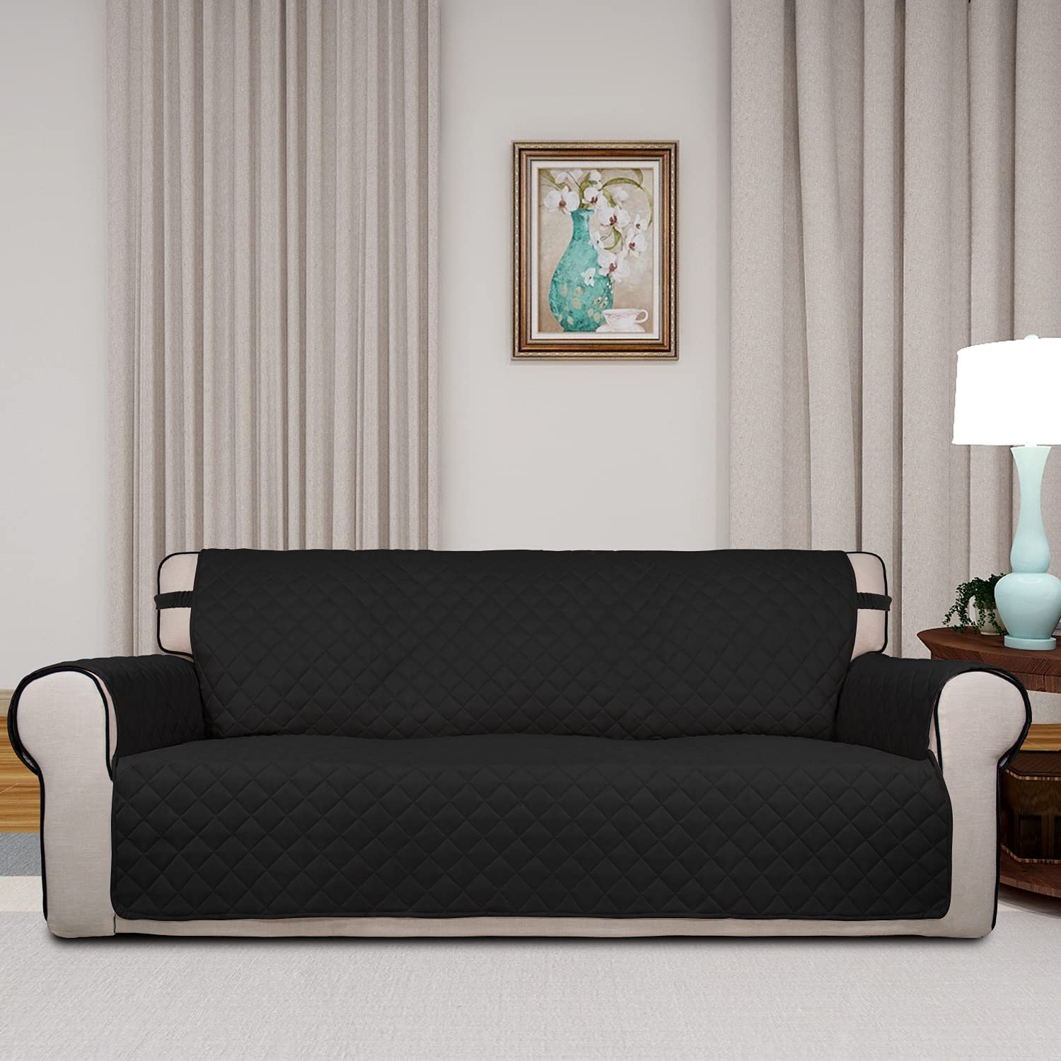 Reversible Quilted Sofa Cover, Water Resistant Slipcover Furniture Protector, Washable Couch Cover with Non Slip and Elastic Straps for Kids, Pets (Oversized Sofa, Black/Black)