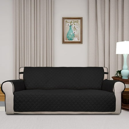 Reversible Quilted Sofa Cover, Water Resistant Slipcover Furniture Protector, Washable Couch Cover with Non Slip and Elastic Straps for Kids, Pets (Oversized Sofa, Black/Black)