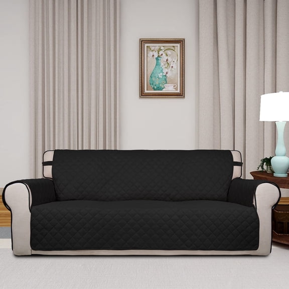 Reversible Quilted Sofa Cover, Water Resistant Slipcover Furniture Protector, Washable Couch Cover with Non Slip and Elastic Straps for Kids, Pets (Oversized Sofa, Black/Black)