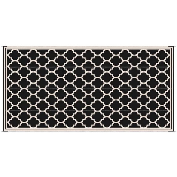 Reversible RV Outdoor Rug Black and Beige Plastic Straw Patio Floor Mat