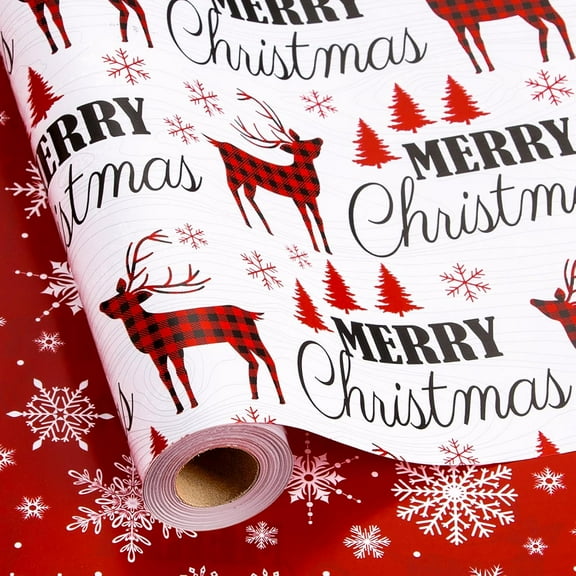 Reversible Red Christmas Wrapping Paper with Reindeer Snowflake ‘Merry Christmas’ Design for Birthday Baby Shower Bridal Shower Valentines Day - Mini Roll - 17 In X 32.8 Ft (46.5 sqft)
