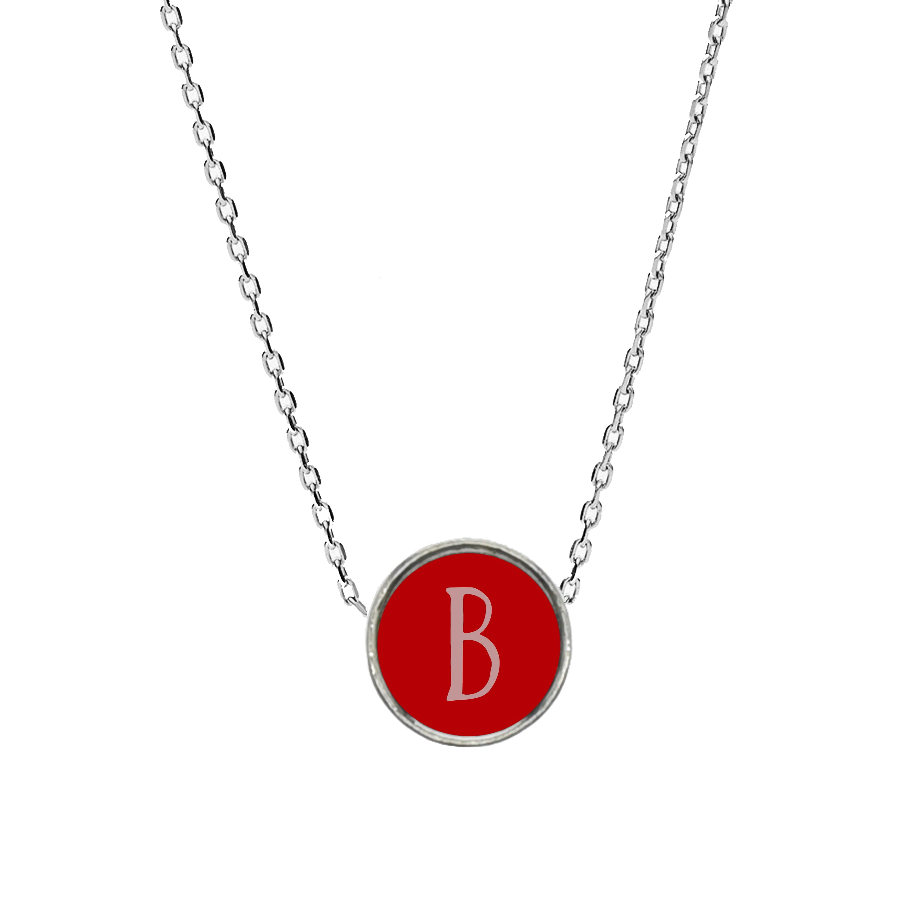 Reversible Round Initial Necklace By Pink Box in Silver Tone - Red