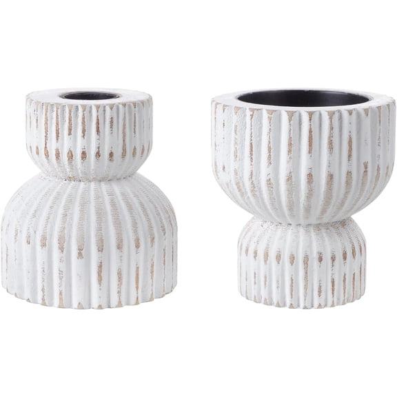 Reversible Rustic Pillar Candle Holders Set of 2, Distressed White Wood Candle Stand Set for Table, Fluted Farmhouse Wooden Candlestick Holders for Fireplace Mantel, Dining Room Decor