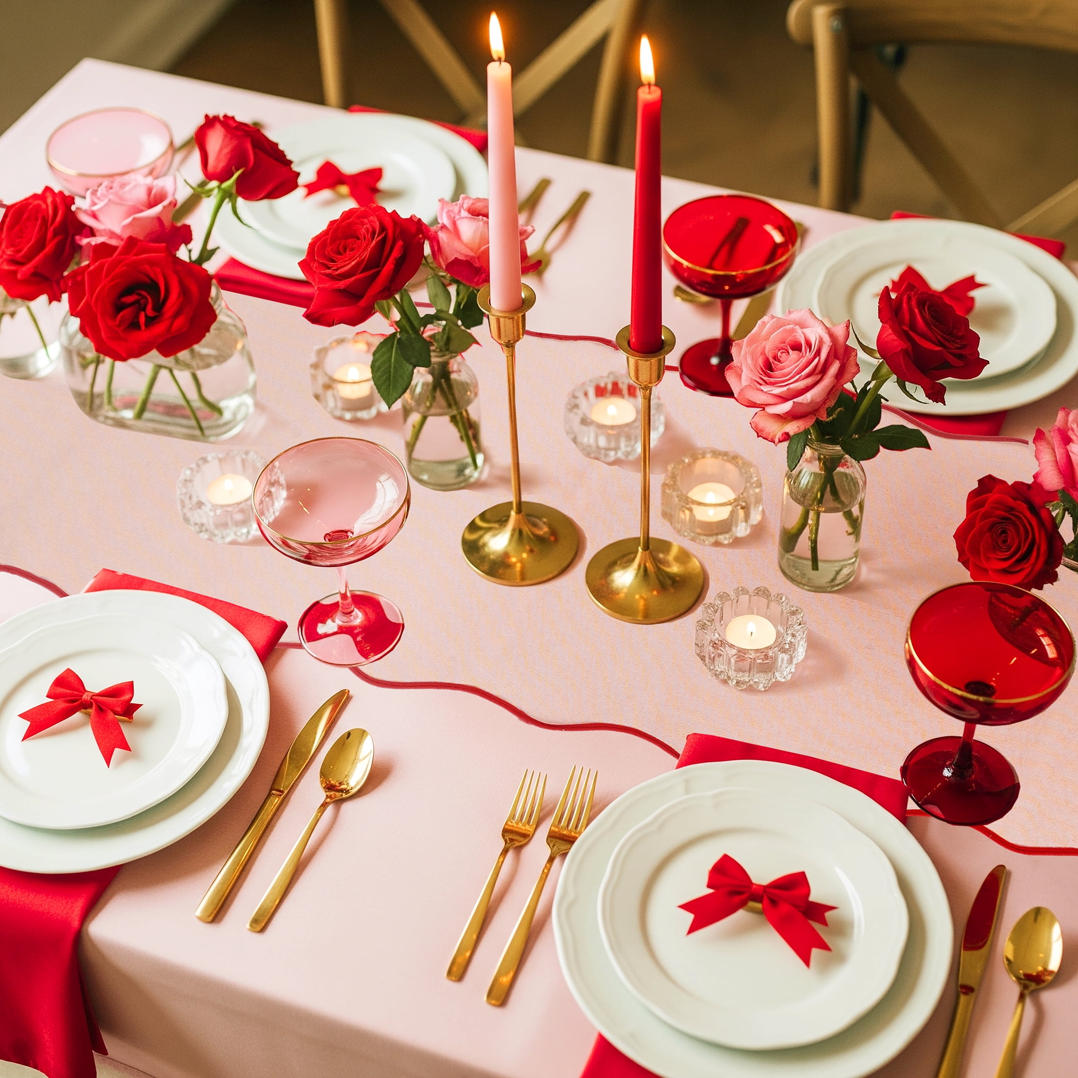 Scallop Table Runner - 14" x 90" - 100% Cotton, Pink & Red