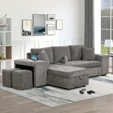 Reversible Sectional Couch, Sleeper Sofa with Pull Out Storage Chaise and 2 Stools, Modern L-Shape 3 Seat Sofa Bed Set, Sectional Couch for Living Room (Knox Charcoal, 2 Stools)