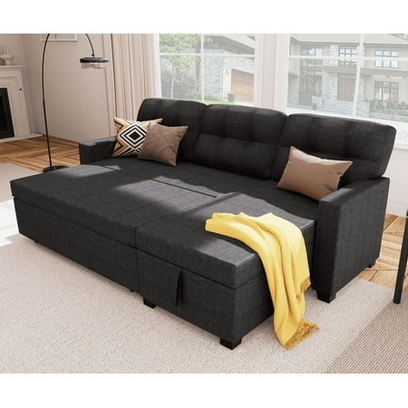 Reversible Sectional Sleeper Sofa with Storage Chaise – Modern Linen Pull-Out Bed, Hidden Storage & Removable Backrest for Living Rooms