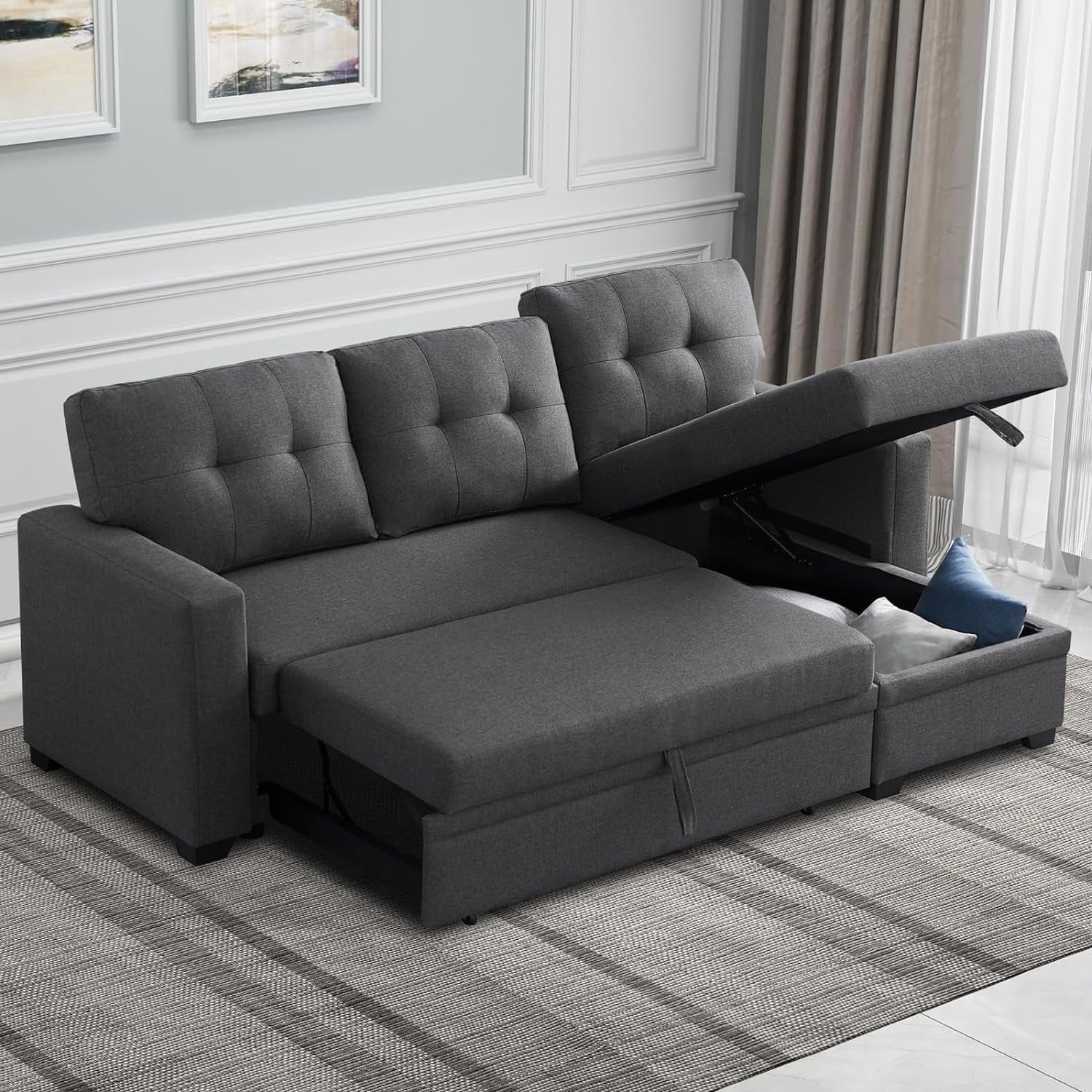 Reversible Sectional Sleeper Sofa with Storage Chaise – Modern Linen ...